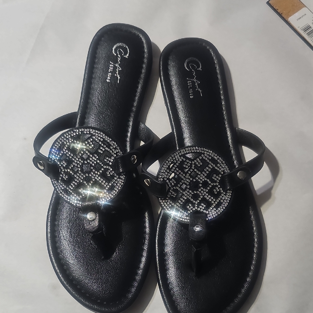Comfort Black Sandals with Rhinestone Embellishment